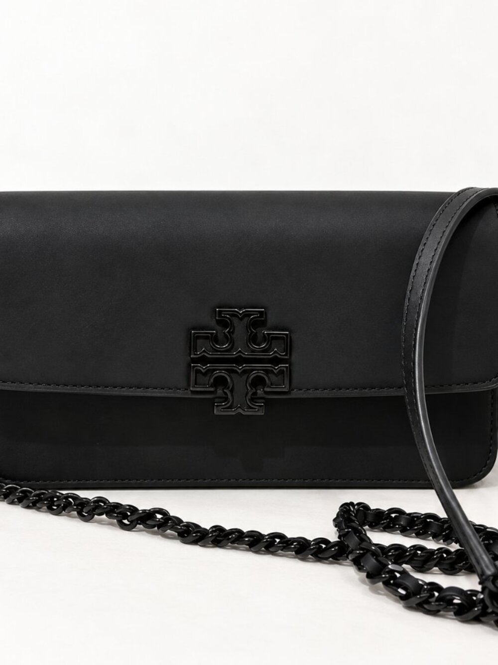 Tory Burch Black Matte Leather Crossbody Clutch Black Hardware Chain Strap